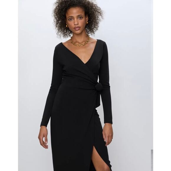 Aritzia Babaton Gaudi Black Wrap Midi Dress XS Long Sleeve V-neck Corpcore - Picture 1 of 9